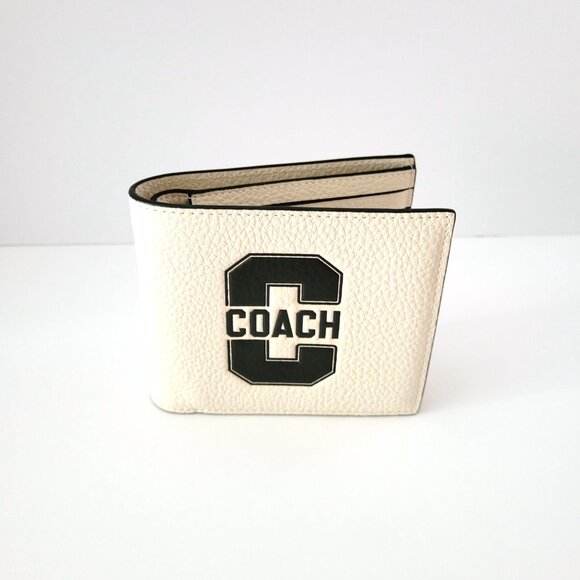 Coach CAK48 3 In 1 Varsity Pebbled Leather Billfold Bifold Wallet Chalk Black - Picture 2 of 8